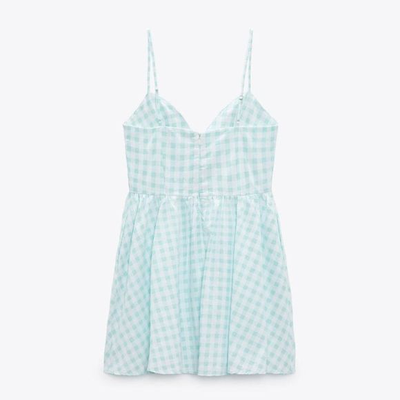 NEW ZARA GINGHAM DRESS V NECK MINI POCKETS BEADED FLOWER DETAILED SIZE XXL - Picture 6 of 7
